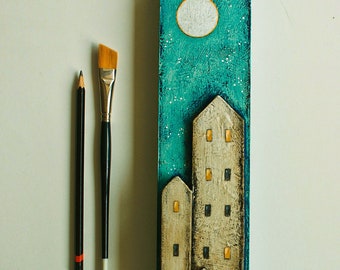 Small original relief art, House & moon painting, Full moon painting, Home at night, Multi-storey building, Acrylic on wood, 12x3 inches