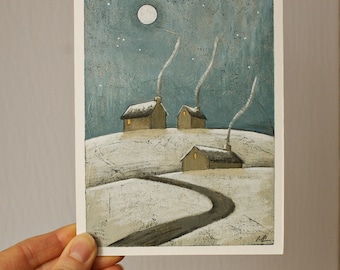 Winter night painting, Winter landscape artwork, Full moon illustration, Scenery painting, House on hill, Small original art on cardboard