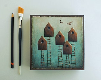 Small original bird houses painting, Nest box art image, Bird theme art, Hand painted artwork, Acrylic & paper collage on wood, 6x6 inches
