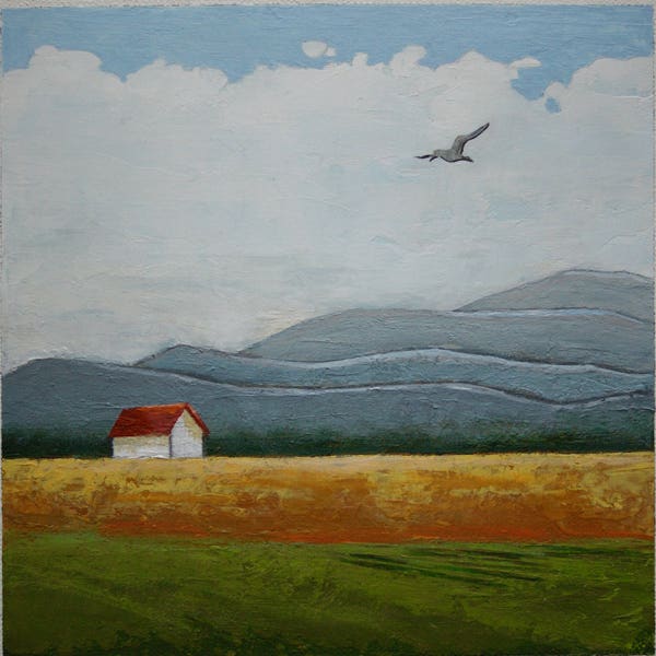 Original art, Landscape painting, Red roof barn painting, Countryside scenery, Mountains, 6x6 inch acrylic painting, Art within 11x14 mount