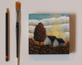 Countryside landscape painting, Barn painting, Small original painting, Barn and tree, Sunset art, Sunrise, Acrylic on wood, 5x5 inch art