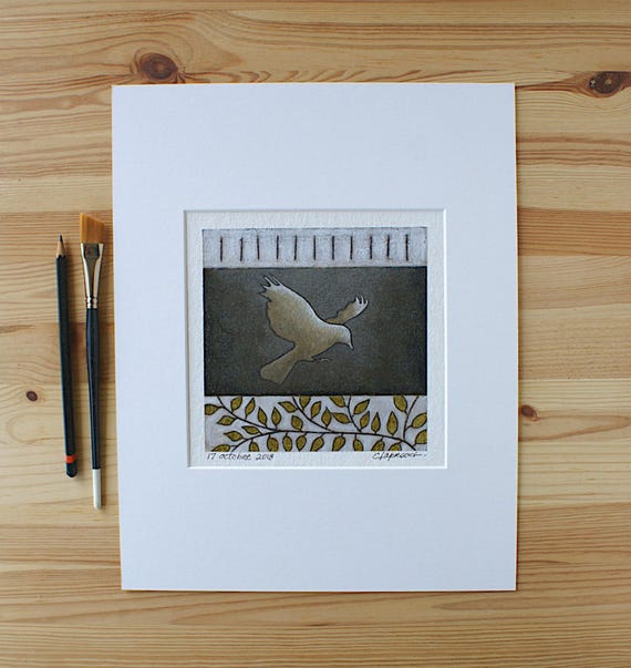 Petite peinture oiseau & feuilles, Tableau oiseau en vol, Art original silhouette oiseau, Peinture 6x6 dans un passe-partout 11x14 pouces
