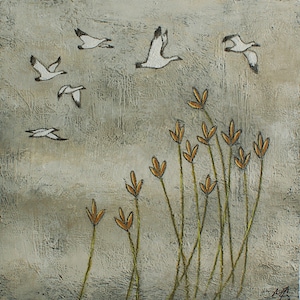 Snow geese and flowers painting, Bird painting, White goose, Wild nature art, Original 6x6 inches art, Impressionist art, Acrylic on wood image 2