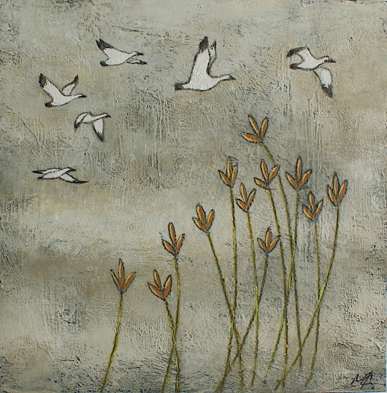 Snow geese and flowers painting, Bird painting, White goose, Wild nature art, Original 6x6 inches art, Impressionist art, Acrylic on wood image 2