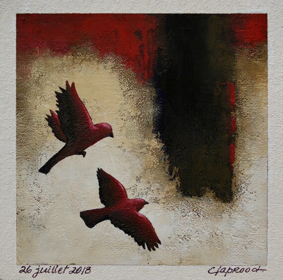 Peinture Couple Doiseaux En Vol Tableau Oiseau Art Original Rouge Noir Beige Peinture Acrylique 6x6 Dans Un Passe Partout 11x14 Pouces