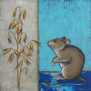 Small mouse painting, Field mouse & oat painting, Mouse animal artwork, Fieldmouse painting, Original 6x6 inch art on wood, Canadian artist image 2