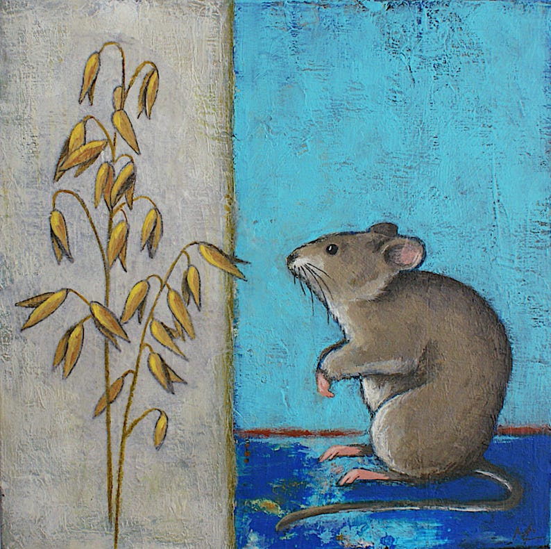 Small mouse painting, Field mouse & oat painting, Mouse animal artwork, Fieldmouse painting, Original 6x6 inch art on wood, Canadian artist image 2
