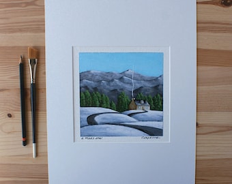 Winter landscape painting, House & mountains painting, Outdoor scenery artwork, Cottage lodge wall art, Matted artwork, Canadian artist