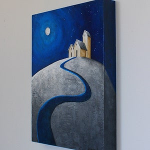 Original acrylic painting of a night scene with houses on a hill & full moon, Modern hand-painted folk art, 11 x 14 inch artwork on wood bild 3