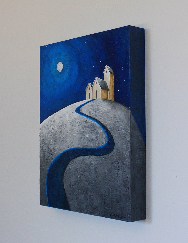 Original acrylic painting of a night scene with houses on a hill & full moon, Modern hand-painted folk art, 11 x 14 inch artwork on wood bild 3