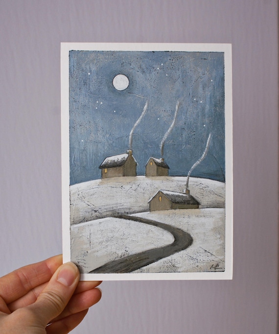Peinture paysage hiver et pleine lune, Illustration nuit hiver, Maison sur colline, Art original, Peinture acrylique sur carton, 7x5 pouces