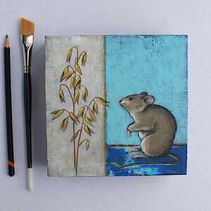 Small mouse painting, Field mouse & oat painting, Mouse animal artwork, Fieldmouse painting, Original 6x6 inch art on wood, Canadian artist image 1