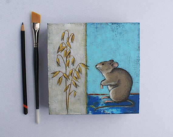 Petite peinture souris, Peinture souris des champs, Avoine et souris, Art nature campagne, Art original, Acrylique sur bois, Art 6x6 pouces