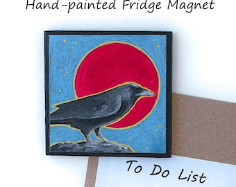 Hand-painted square fridge magnet, Magnetic painting of a black crow & red moon, Small original crow artwork, Whimsical modern folk crow art
