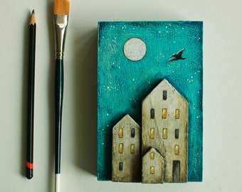 Small painting in bas-relief, Full moon and houses painting, Night scene artwork, Original relief art, Mixed media art on wood, 6x4 inch art