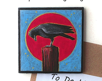 Hand-painted square fridge magnet, Magnetic painting of a black crow & red moon, Small original crow artwork, Whimsical modern folk crow art