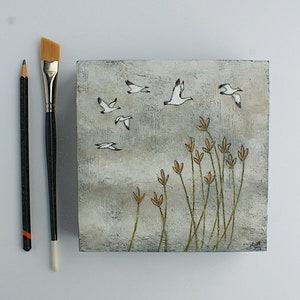 Snow geese and flowers painting, Bird painting, White goose, Wild nature art, Original 6x6 inches art, Impressionist art, Acrylic on wood image 1