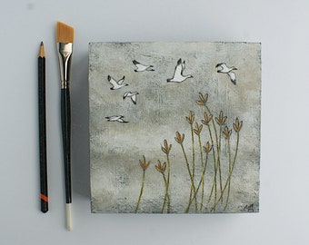 Snow geese and flowers painting, Bird painting, White goose, Wild nature art, Original 6x6 inches art, Impressionist art, Acrylic on wood