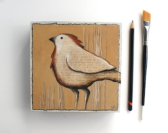 Whimsical bird painting, Original hen art, Hand painted rooster, Small rustic wall decor, 6x6 inch bird artwork, Acrylic and collage on wood
