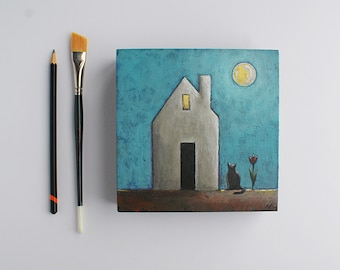 Night scene painting, House painting, Moon painting, Full moon & black cat, Original art, 6x6 inches, Acrylic on wood, Impressionist art