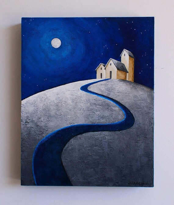 Peinture acrylique originale, Tableau scène de nuit avec maisons sur colline et pleine lune, Art populaire moderne peint à la main sur bois