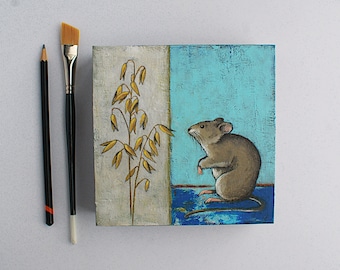 Mouse painting, Mouse and oat painting, Field mouse painting, Nature art, Original art, Impressionist art, Acrylic on wood, 6x6 inches art