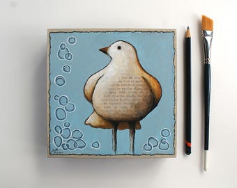 Small original bird painting, Hand-painted original whimsical bird artwork, Folk bird art, 6x6 inch art on wood, Shipping within Canada only