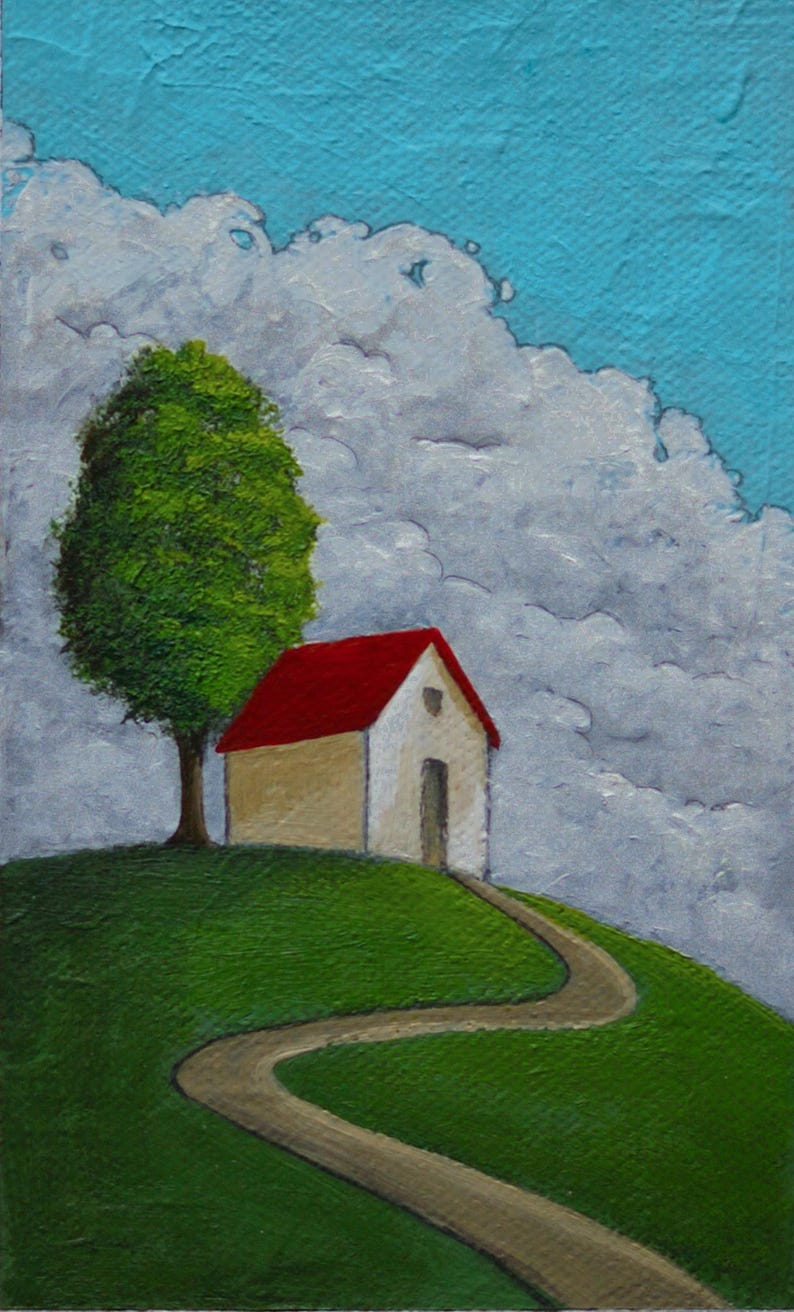 Small Original Painting of a Red Roof House & Green Tree on a Hill ...