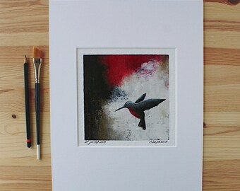 Hummingbird painting, Black & red hummingbird silhouette painting, Modern art bird in flight, Matted artwork, Original art, Canadian artist