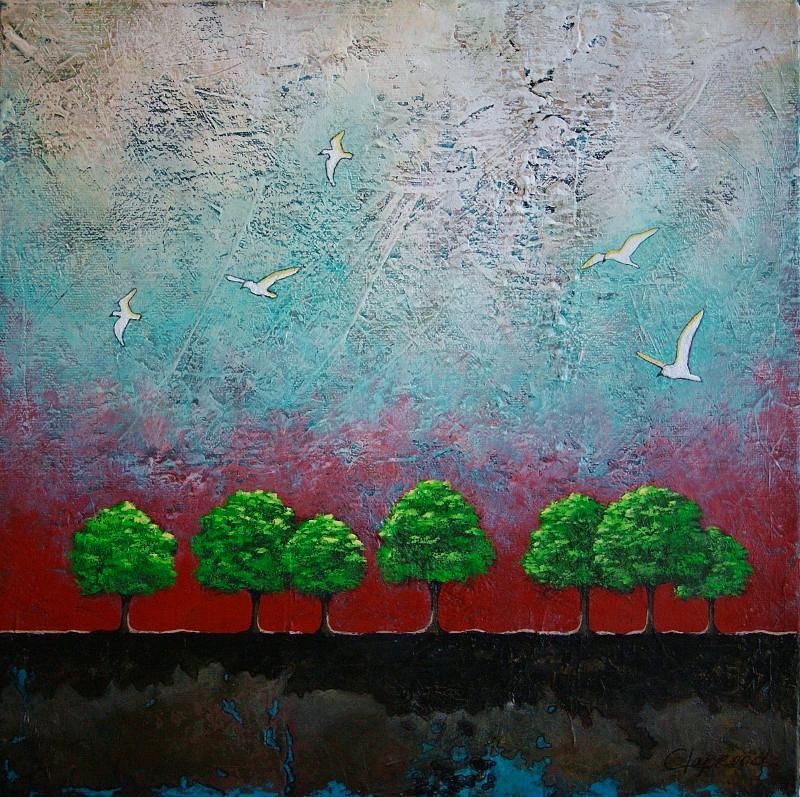 Landscape painting, Green tree painting, Tree art, Trees & white birds, Woodland, Tree artwork, Original art on canvas, 12x12 inch wall art