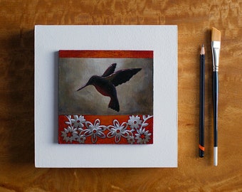 Small original bird art, Hummingbird painting, Bird silhouette painting, Hummingbird and flowers, Bird wall art, Acrylic on wood, 8x8 inches