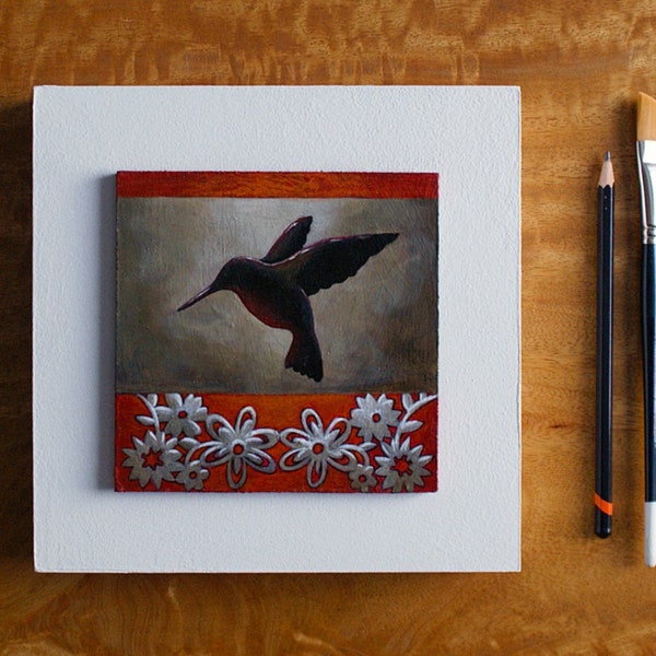 Small original bird art, Hummingbird painting, Bird silhouette painting, Hummingbird and flowers, Bird wall art, Acrylic on wood, 8x8 inches