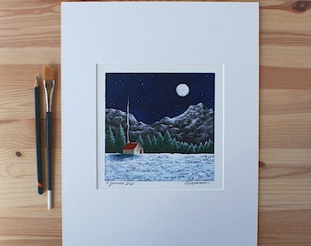 Winter night scene painting, Chalet painting with mountains, Full moon painting, Original landscape art, Matted artwork, Canadian artist