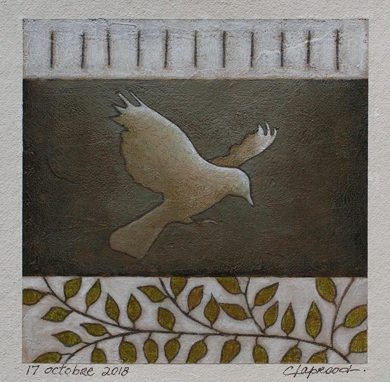 May include: A square painting featuring a central dark brown panel with a light-colored bird in flight. The top border is white with vertical brown lines, and the bottom border is white with a pattern of gold leaves. Text reads 17 octobre 2018.