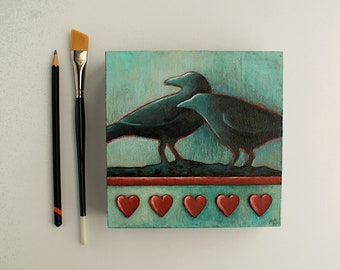 Crow painting, Black bird painting, Couple of birds, Birds and hearts, Crows & hearts, Nature art, Small original art on wood, 6x6 inches