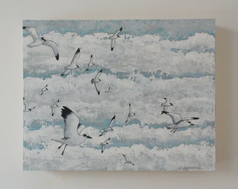 Gull painting, Seabird painting, Bird painting, Gulls and clouds, Original artwork, Bird art, White blue grey, Acrylic on wood, 11x14 inches