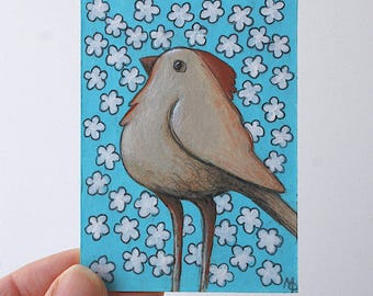 Mini ACEO painting of a whimsical bird and flowers, Hand-painted bird ACEO, Small original folk bird artwork, Shipping within Canada only