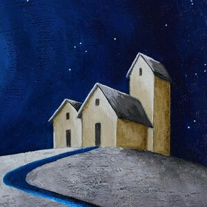 Original acrylic painting of a night scene with houses on a hill & full moon, Modern hand-painted folk art, 11 x 14 inch artwork on wood bild 4
