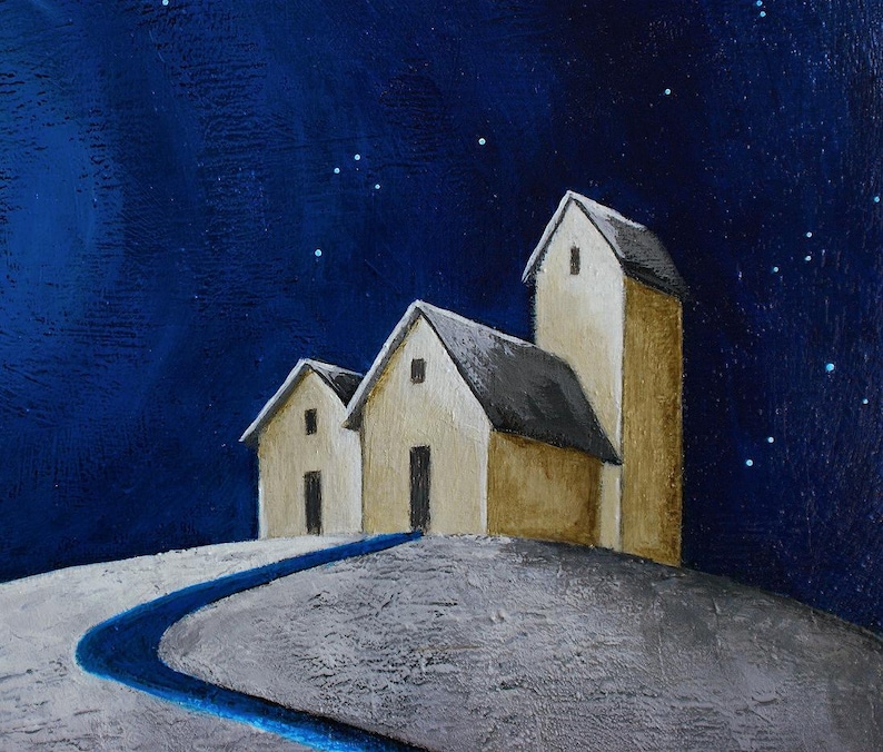 Original acrylic painting of a night scene with houses on a hill & full moon, Modern hand-painted folk art, 11 x 14 inch artwork on wood bild 4
