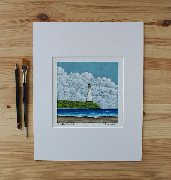 Petite peinture phare blanc, Tableau bord de mer, Peinture maritime, Marine, Peinture acrylique 6x6, Art dans un passe-partout 11x14 pouces