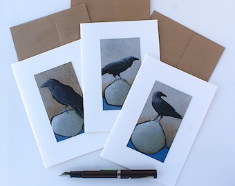 Set of 3 original HAND-PAINTED raven greeting cards, Black crow cards, Black bird art, Blank greeting cards with envelopes for all occasion