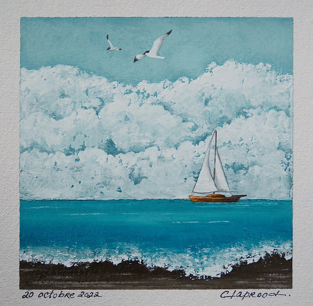 Sailboat Painting, Seaside Painting, Original Bird & Boat Art, Nautical
