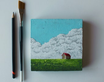 Countryside landscape painting, Barn painting, Green field, Rural, Clouds painting, Small original painting, Acrylic on wood, 5x5 inch art