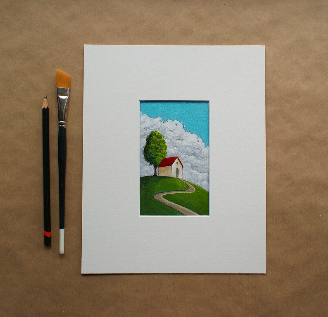 Small Original Painting of a Red Roof House & Green Tree on a Hill ...