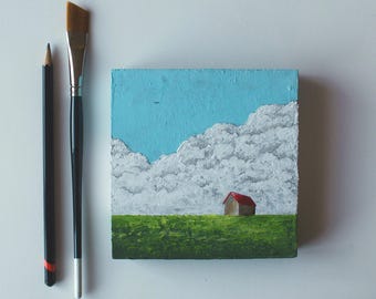 Small countryside landscape painting with a shack, Painting of a red-roofed barn & green field, Rural landscape painting with white clouds