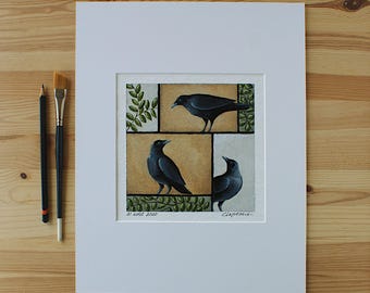 Crow painting, Painting of 3 crows and green foliage, Painting of black birds & leafs, Modern folk crow art, Matted artwork, Canadian artist