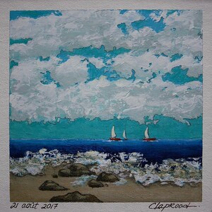 Original painting of sailboats & seaside, Sailing boat painting, Impressionist coastal artwork, 6" x 6" blue sea art within an 11" x 14" mat image 2
