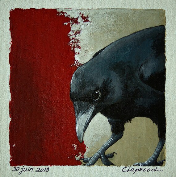 Peinture Oiseau Noir Petit Tableau Oiseau Corbeau Art Original Noir Rouge Beige Peinture Acrylique 6x6 Dans Un Passe Partout 11x14 Pouces