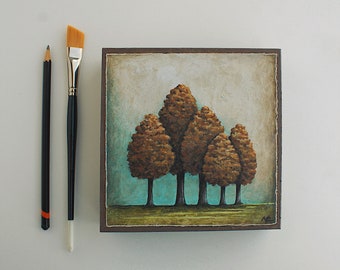 Small original art, Autumn trees painting, Little forest art, Hand painted leafy trees, Acrylic & paper collage on wood, 6x6 inch artwork