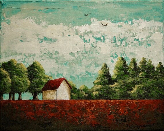 Red Roof Barn Painting Green Trees Image Landscape Painting Etsy